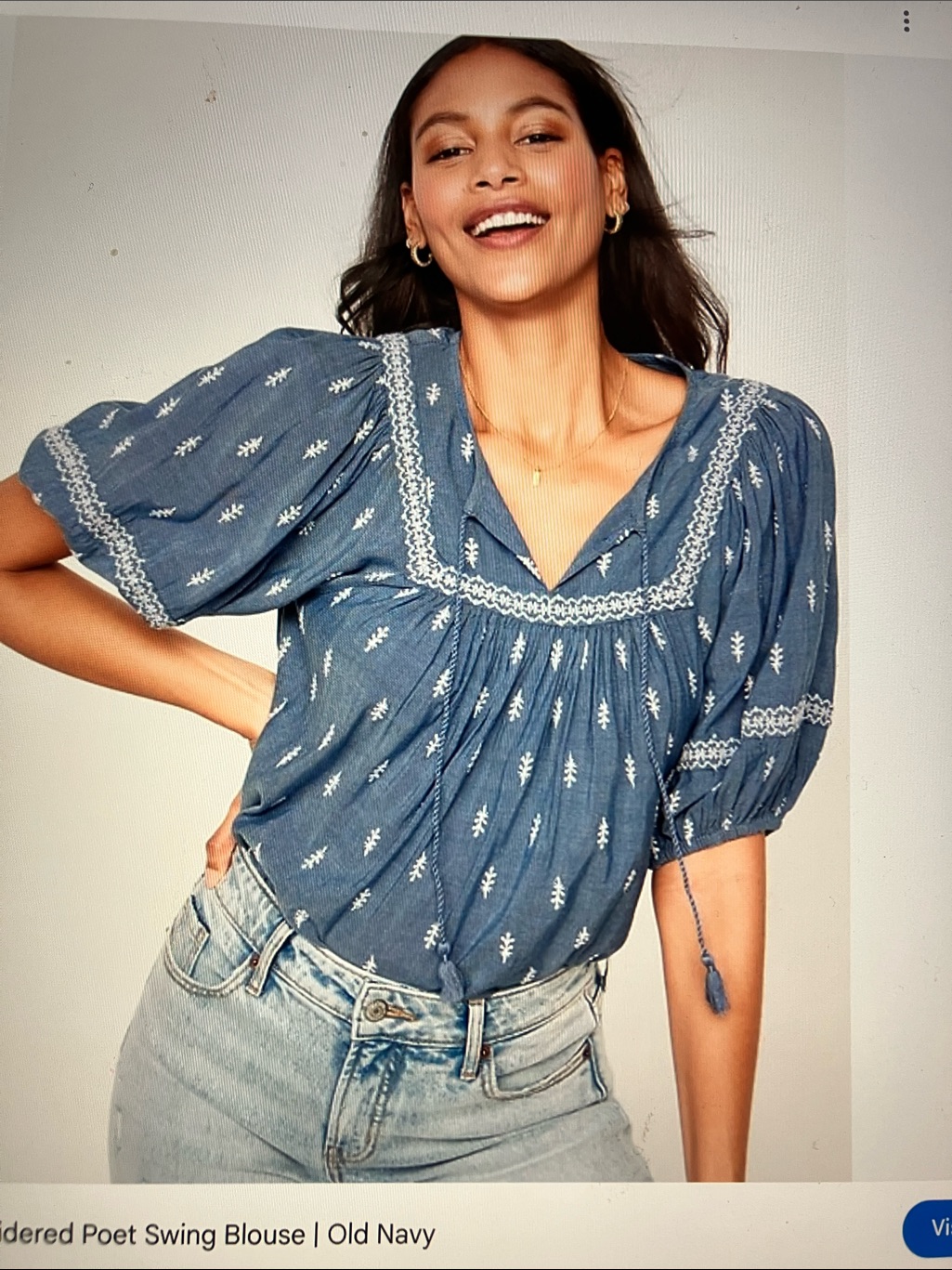 Old Navy Blue Embroidered Poet Peasant Blouse